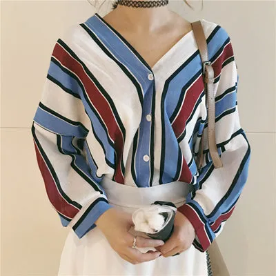 2018 New Women summer Beach Casual Loose shirt Long sleeve stripes print blouses Cardigan button casual tops Plus size