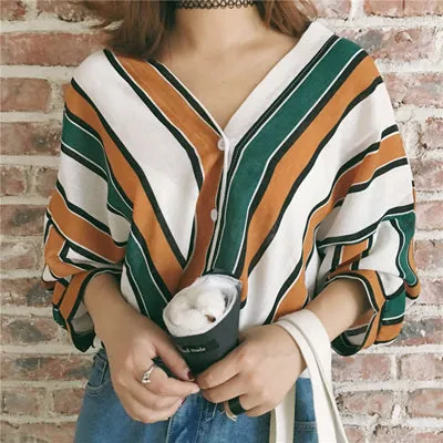 2018 New Women summer Beach Casual Loose shirt Long sleeve stripes print blouses Cardigan button casual tops Plus size