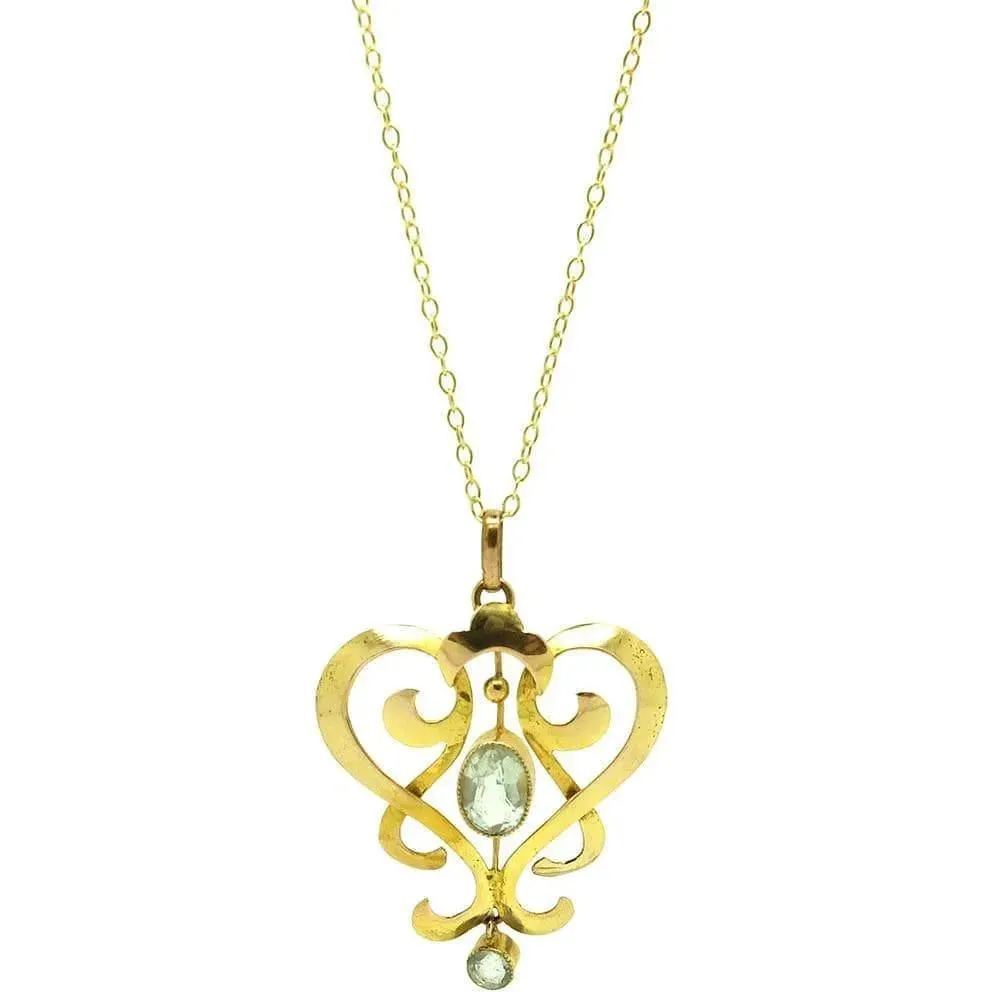 Antique Edwardian Aquamarine 9ct Gold Heart Necklace