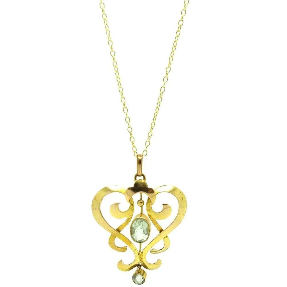 Antique Edwardian Aquamarine 9ct Gold Heart Necklace