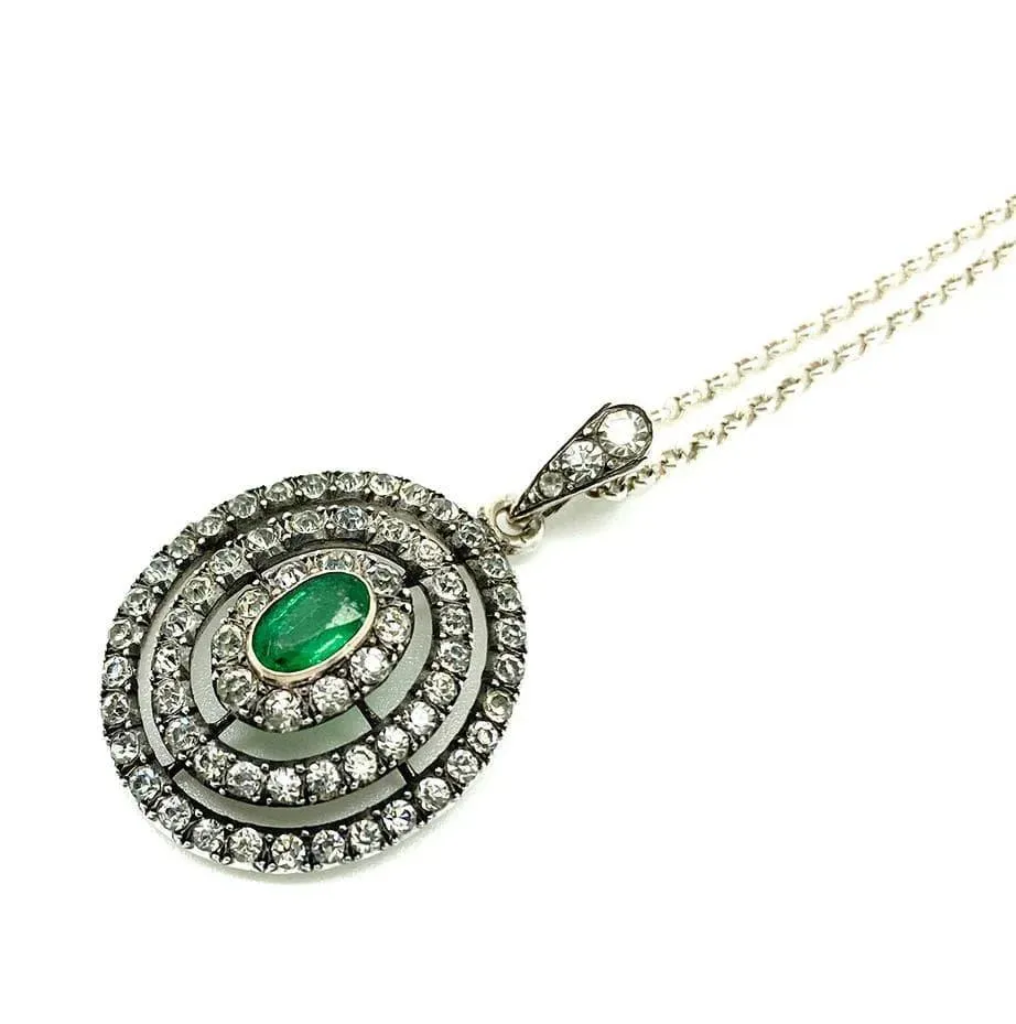 Antique Edwardian Green Emerald Paste Silver Necklace