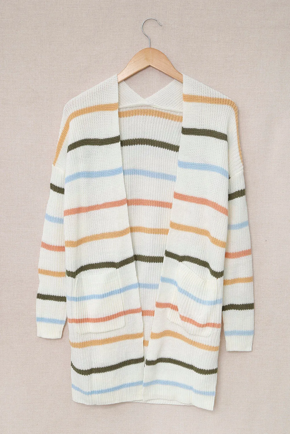 Beige Striped Full Sleeves Casual Cardigan