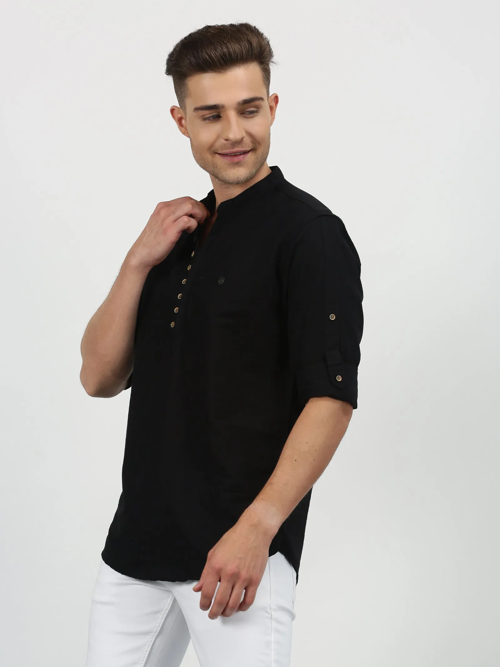 Black Solid Long Sleeve Casual Kurta