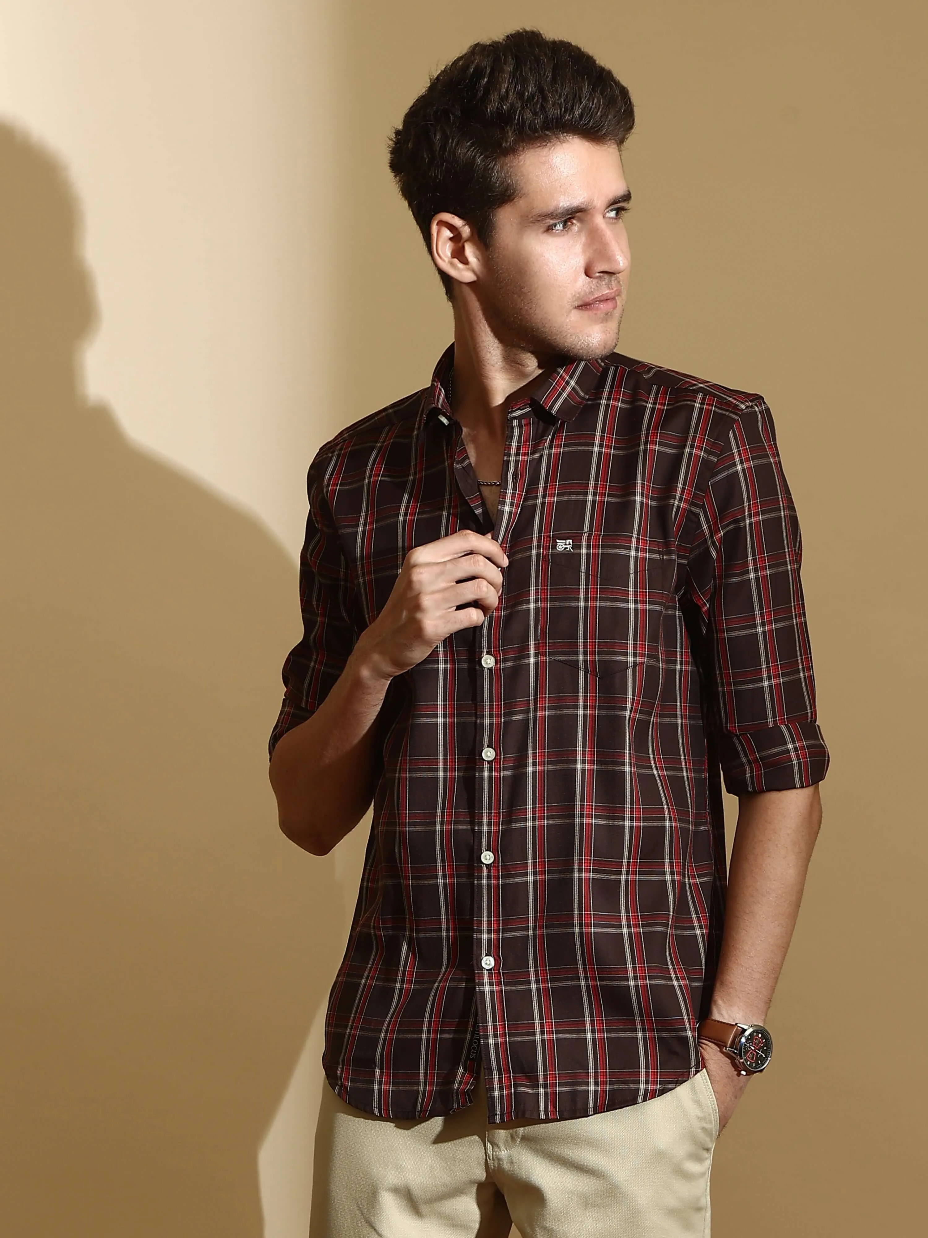 Brown casual check full sleeve shirt