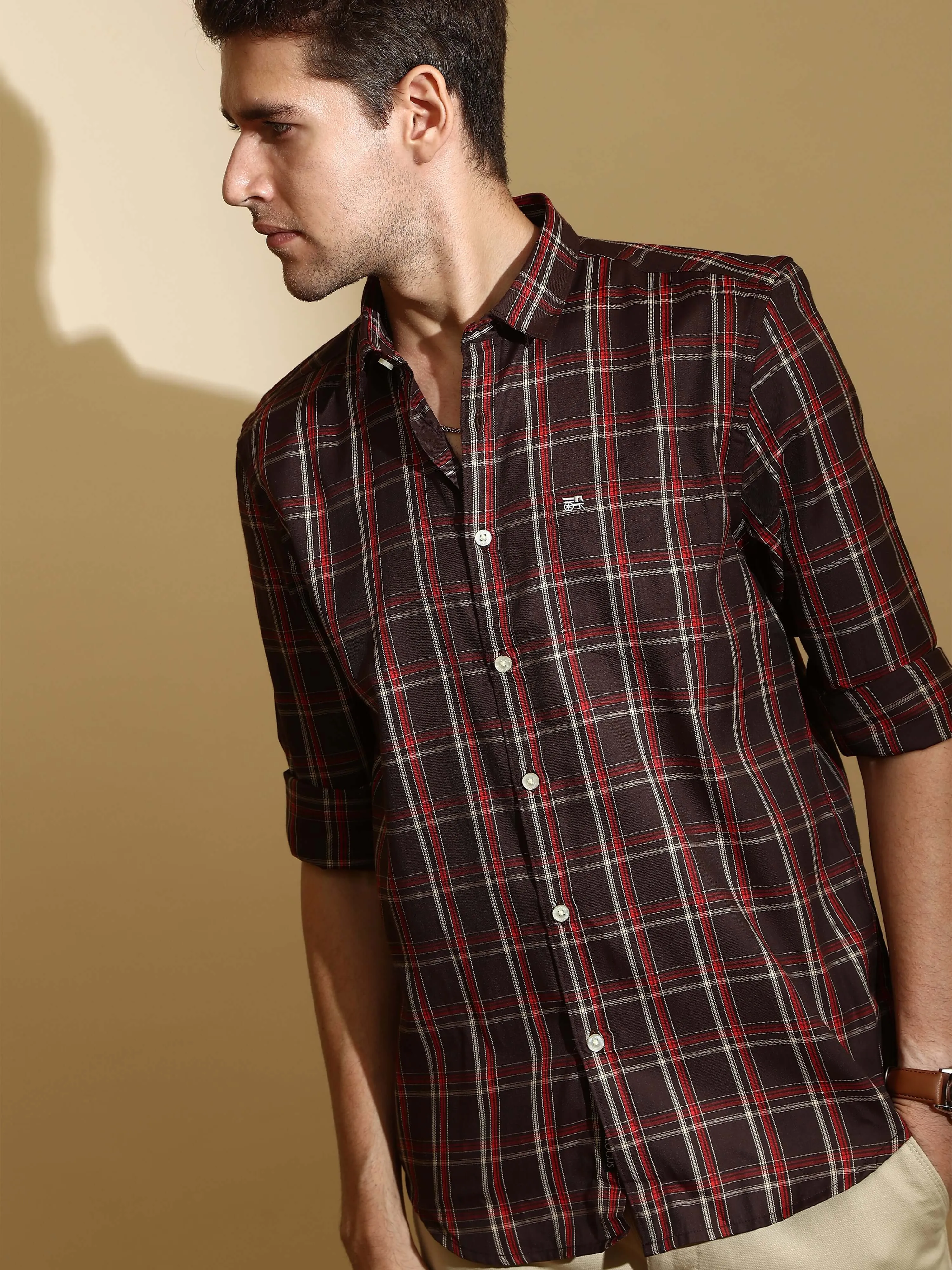 Brown casual check full sleeve shirt