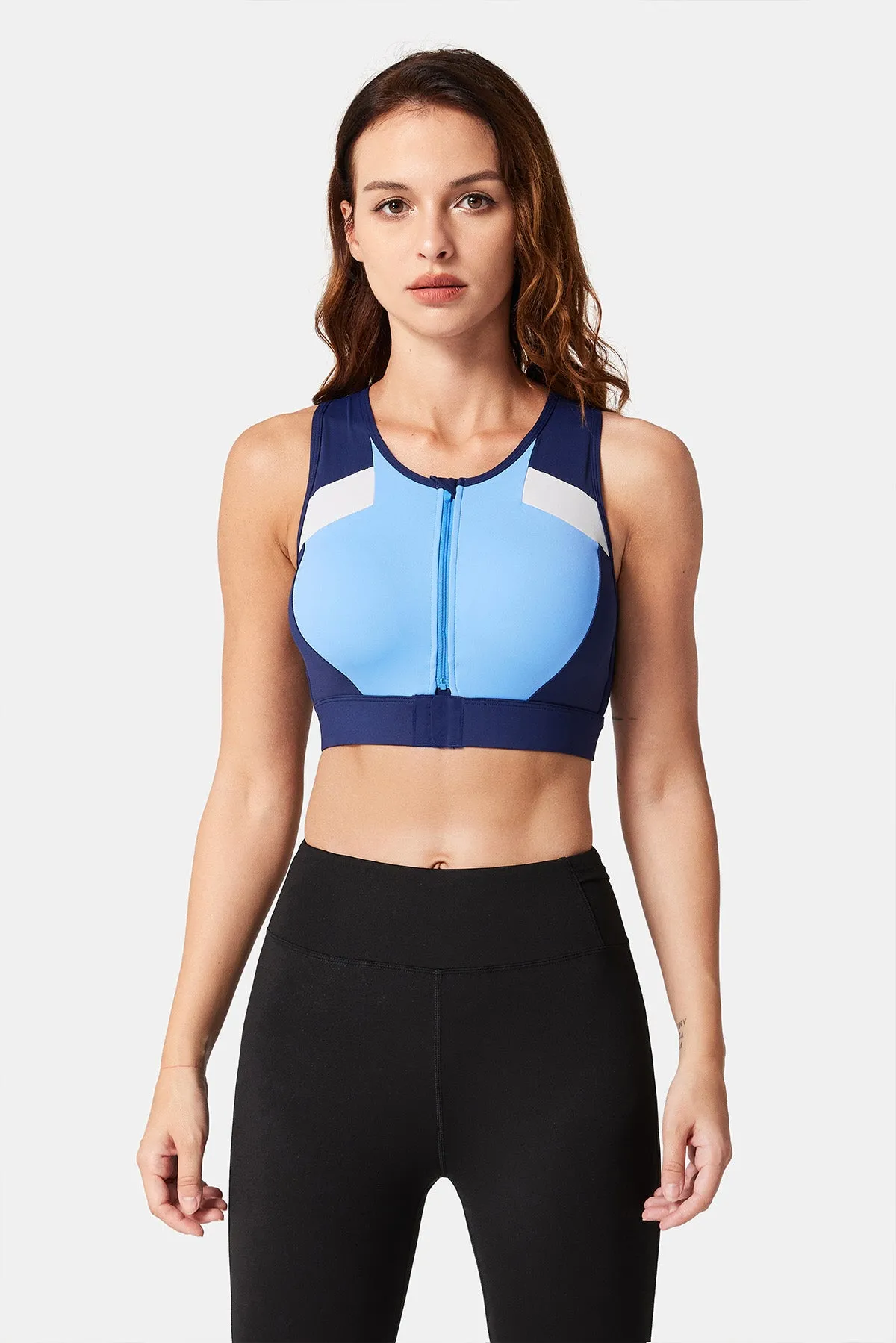 Front-Zip Color Clash Padded Running Bra