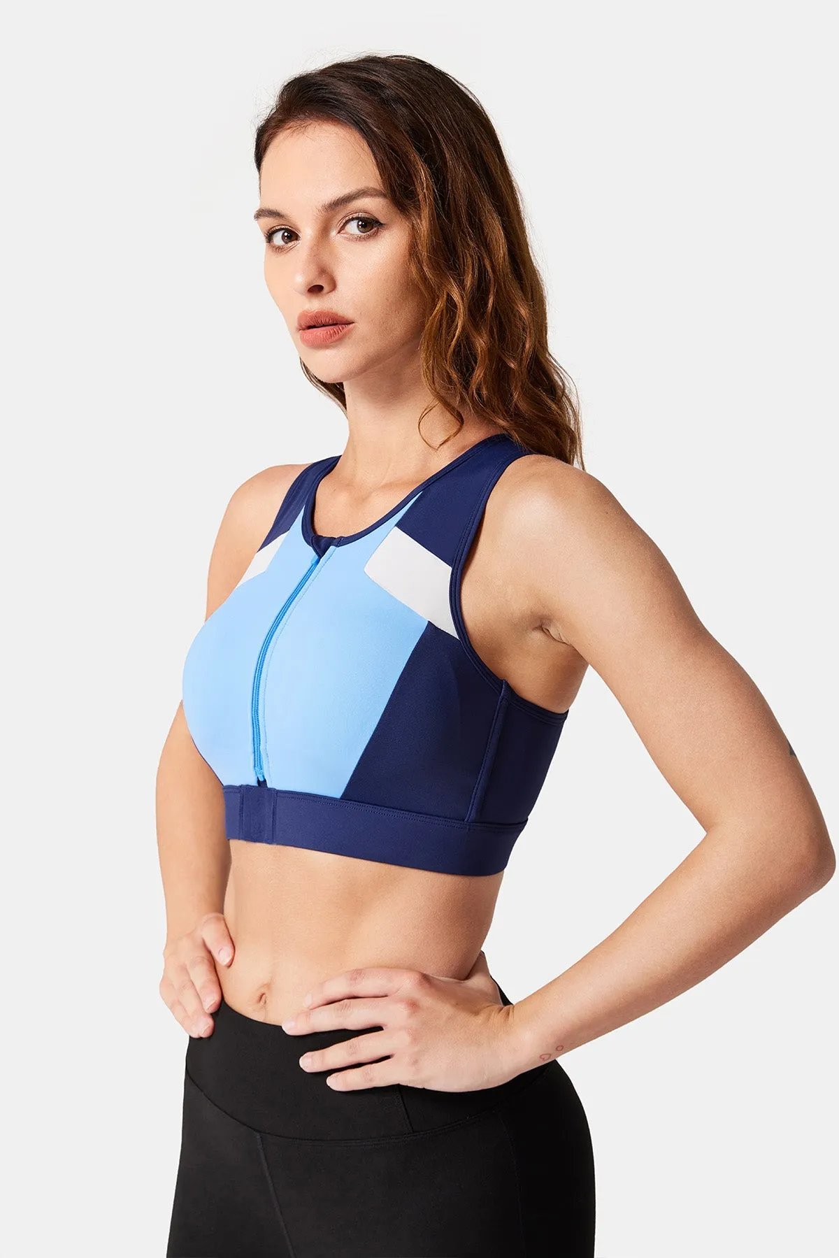 Front-Zip Color Clash Padded Running Bra