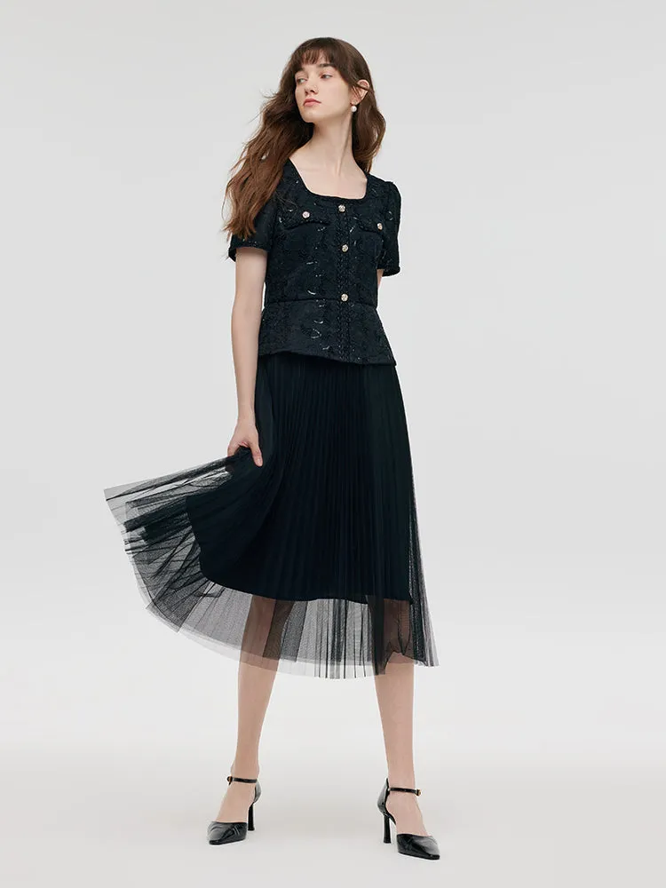 Lace Patchwork Tulle Women Midi Dress