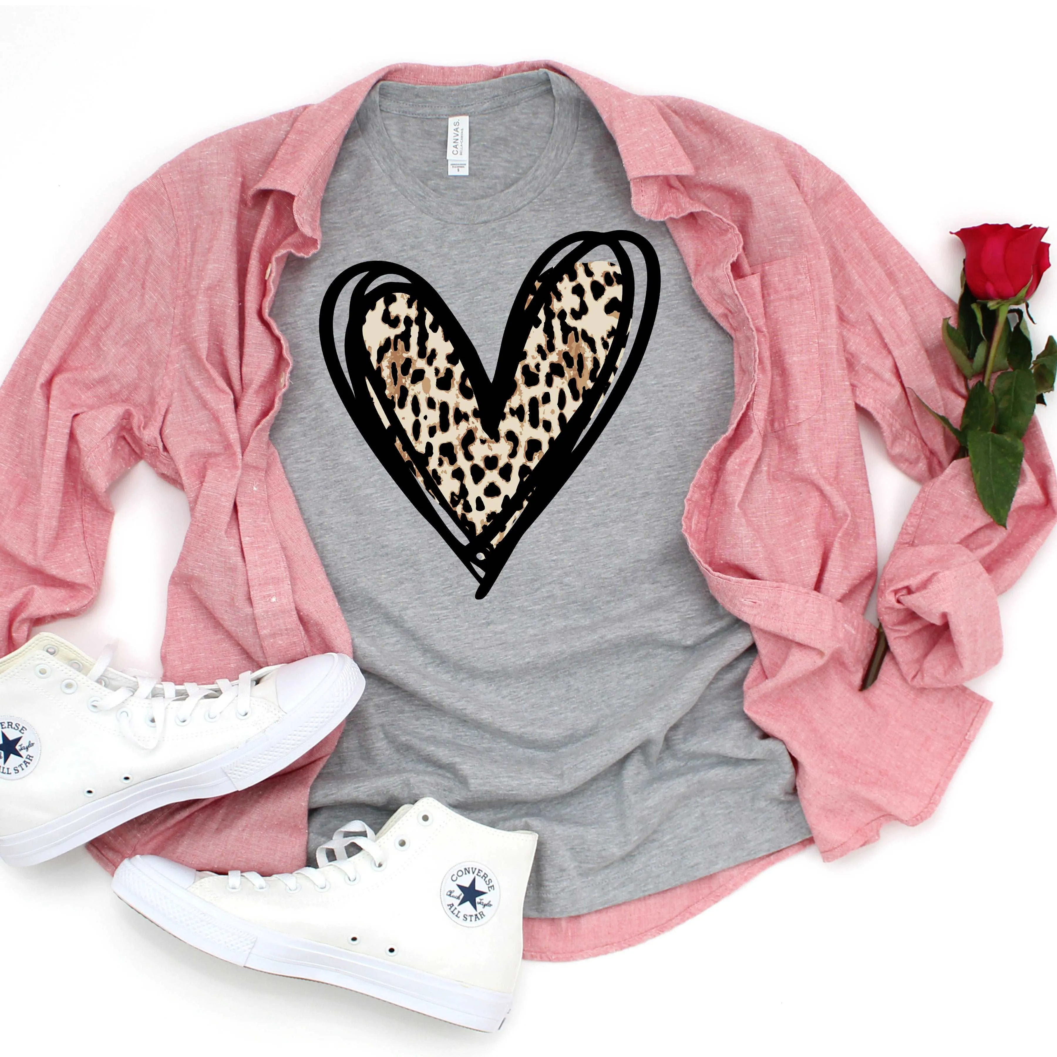 Leopard Heart Shirt - Athletic Gray