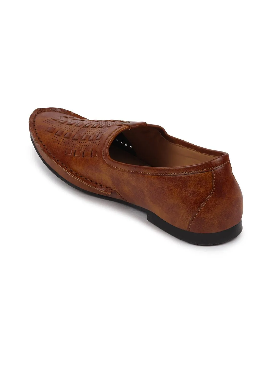 Men Ethnic Tan Stitched Juttis & Mojaris