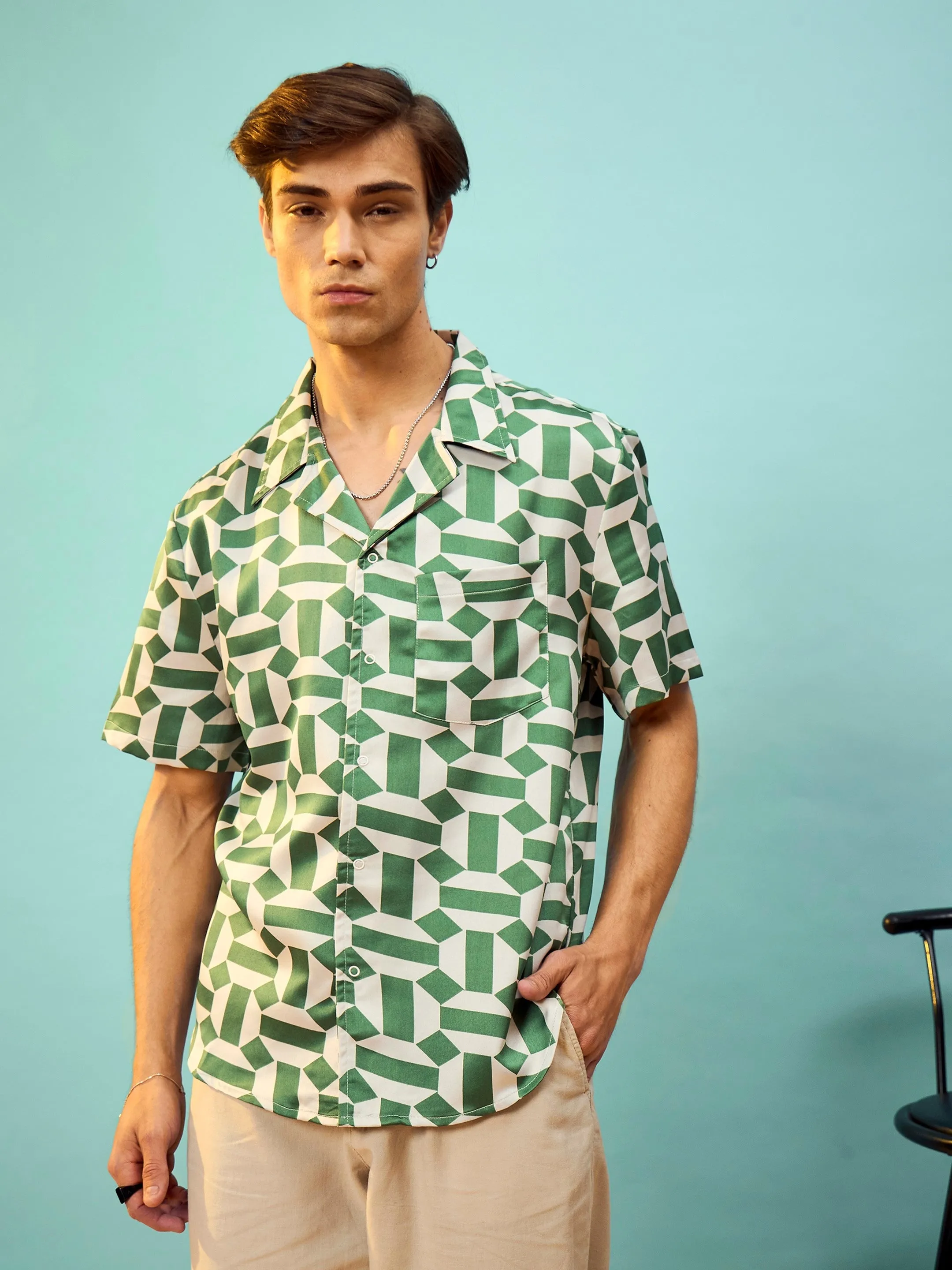 Men Green Satin Printed Relax Fit Shirt