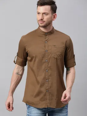 Men Olive Green Slim Fit Solid Casual Shirt