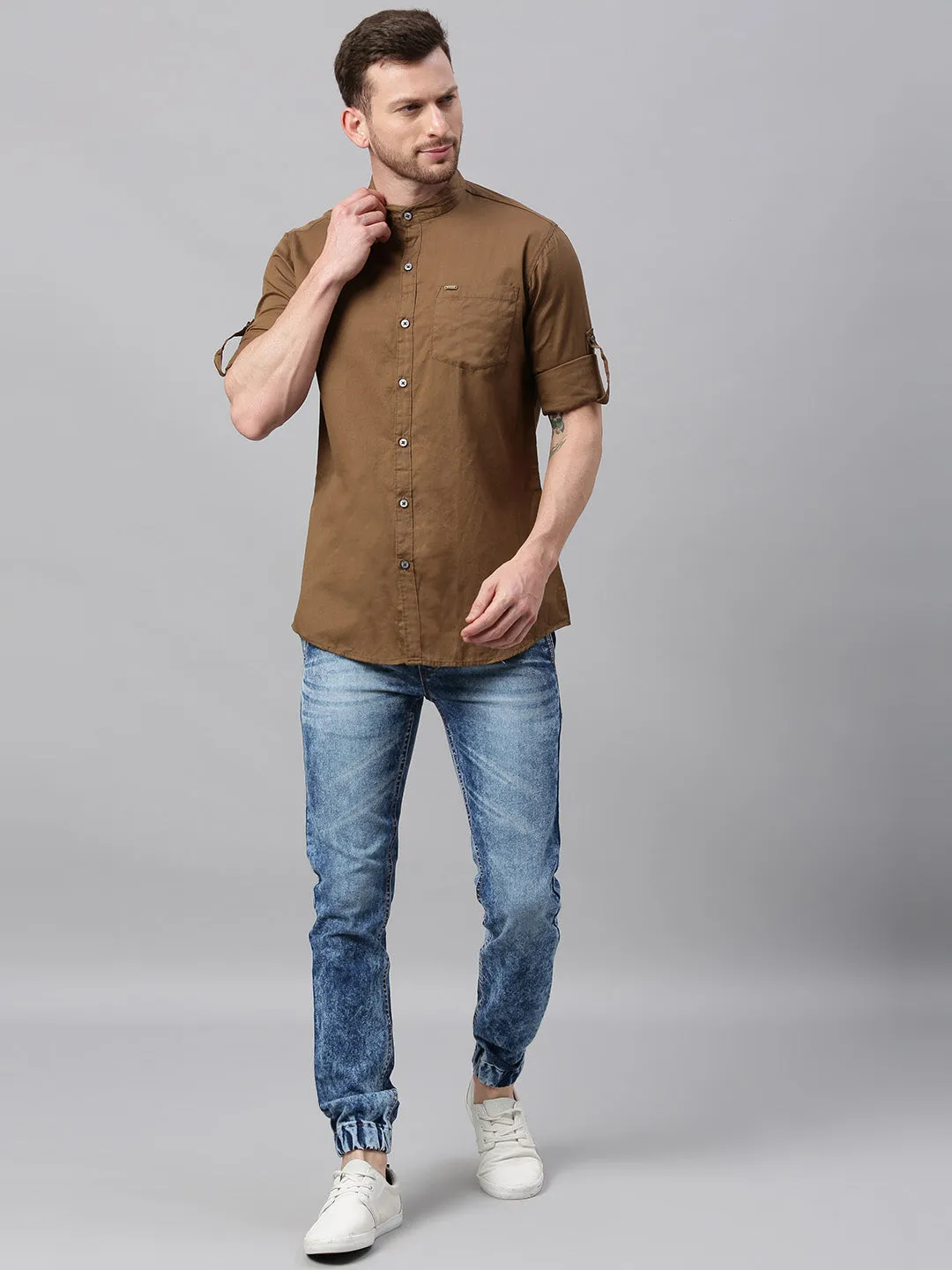 Men Olive Green Slim Fit Solid Casual Shirt