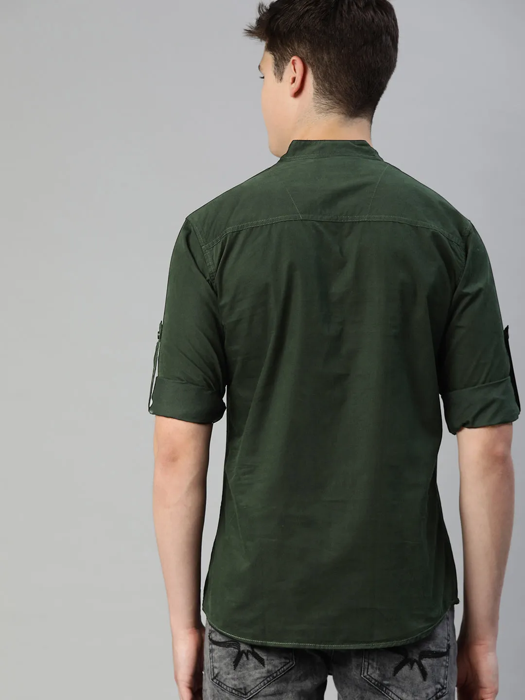 Men Olive Green Slim Fit Solid Casual Shirt