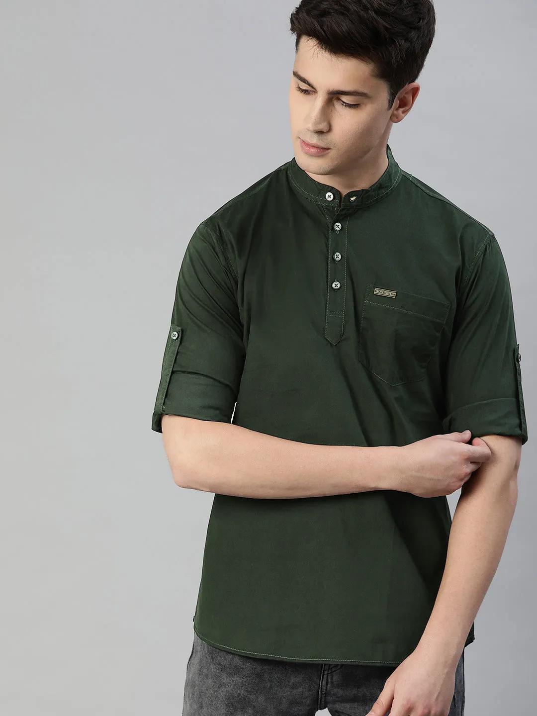 Men Olive Green Slim Fit Solid Casual Shirt