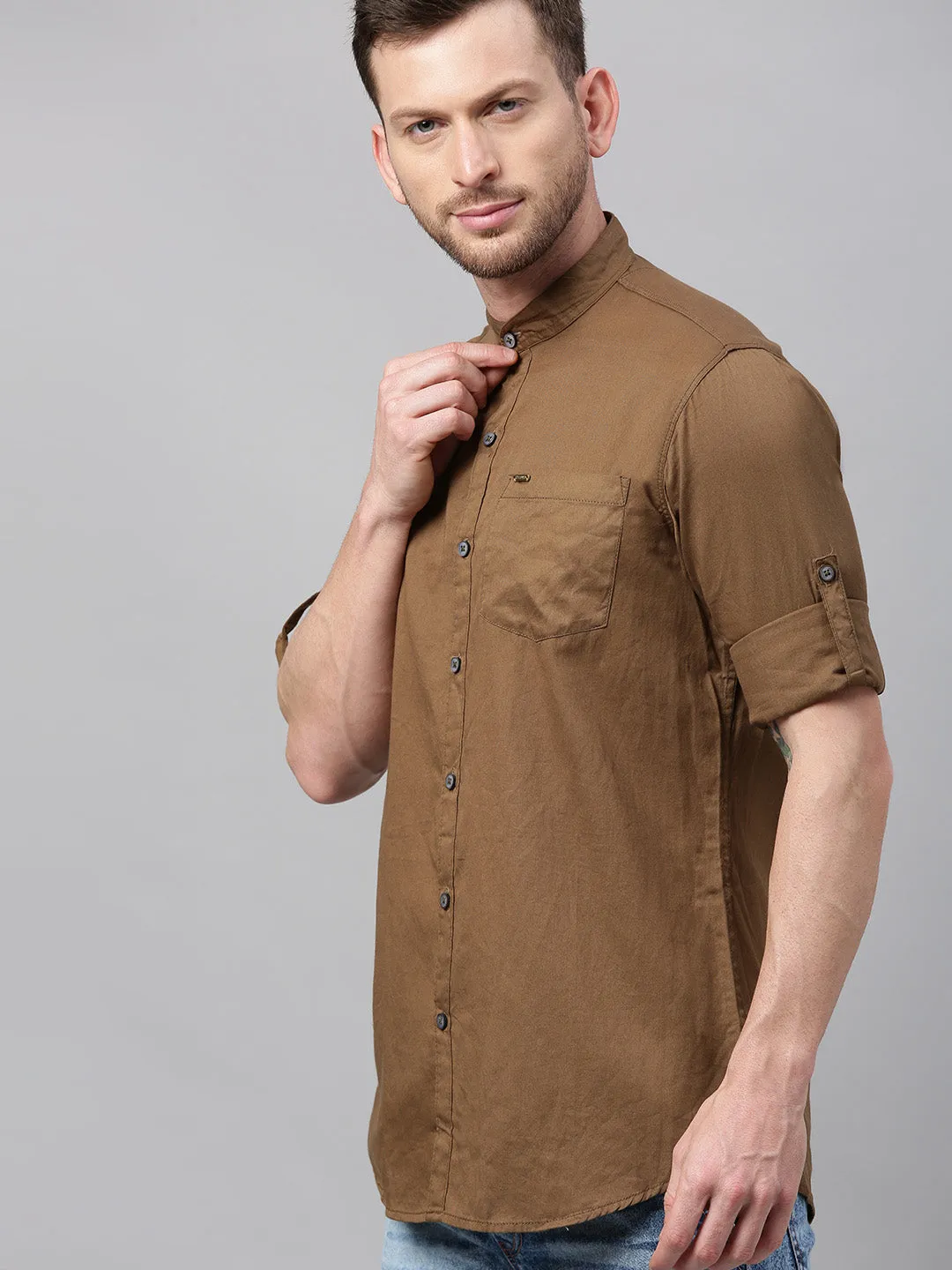 Men Olive Green Slim Fit Solid Casual Shirt