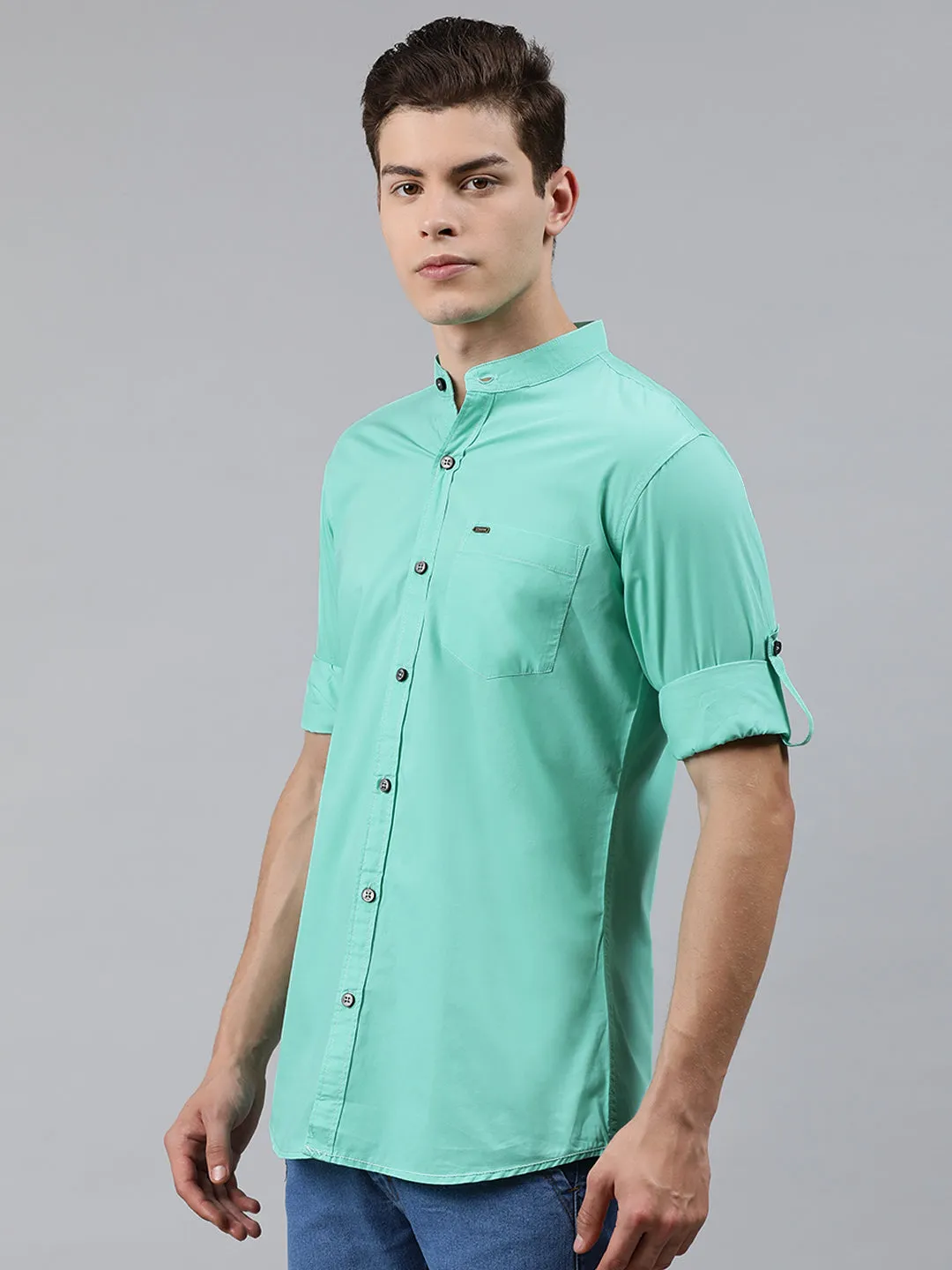 Men Turquoise Blue Slim Fit Solid Casual Shirt