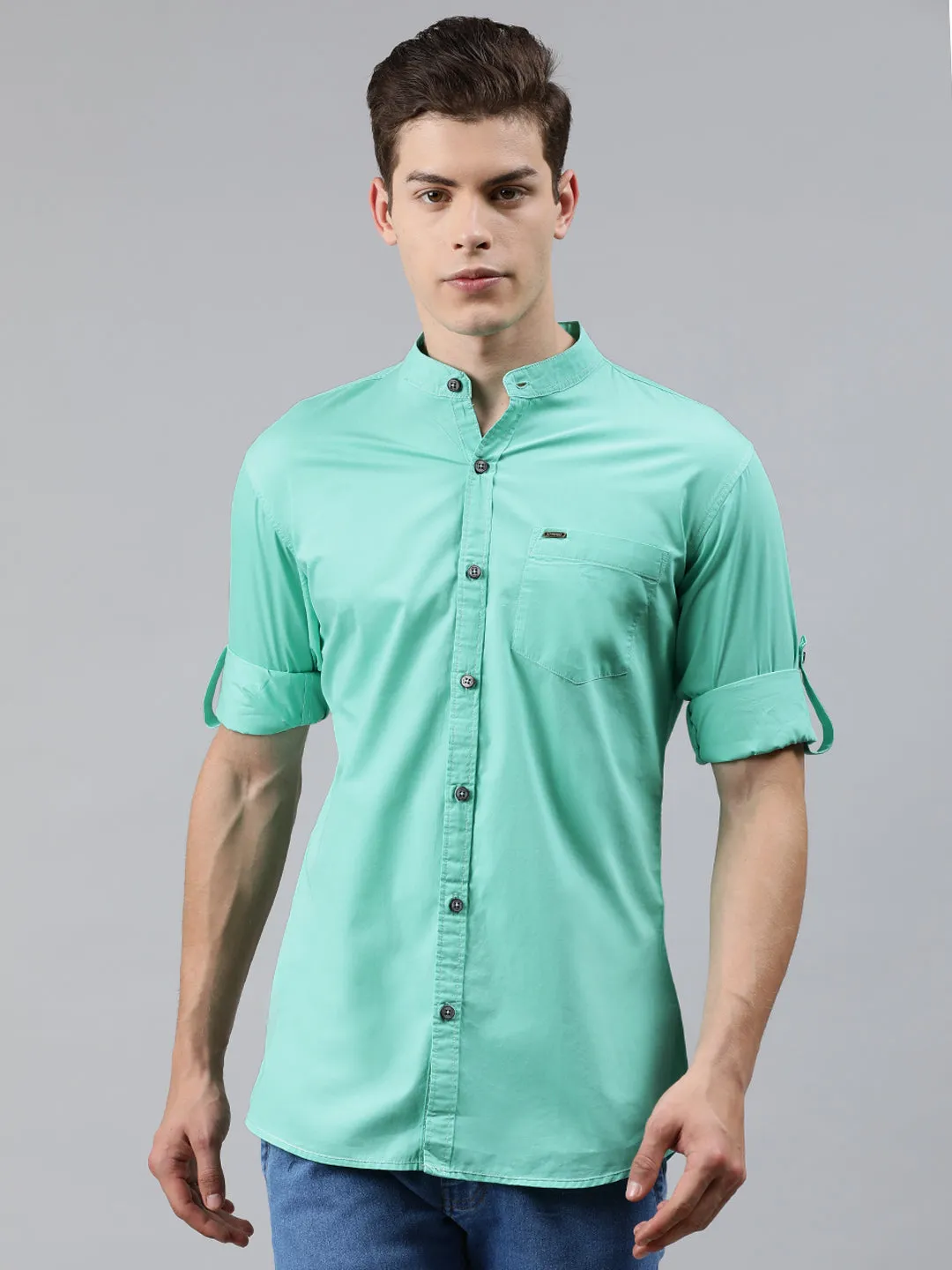 Men Turquoise Blue Slim Fit Solid Casual Shirt