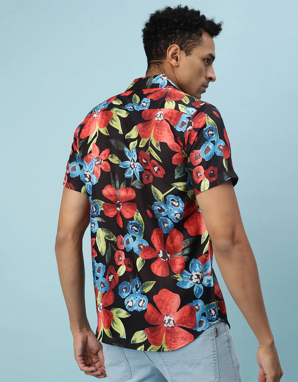 Navy Floral Printed Casual Shirt