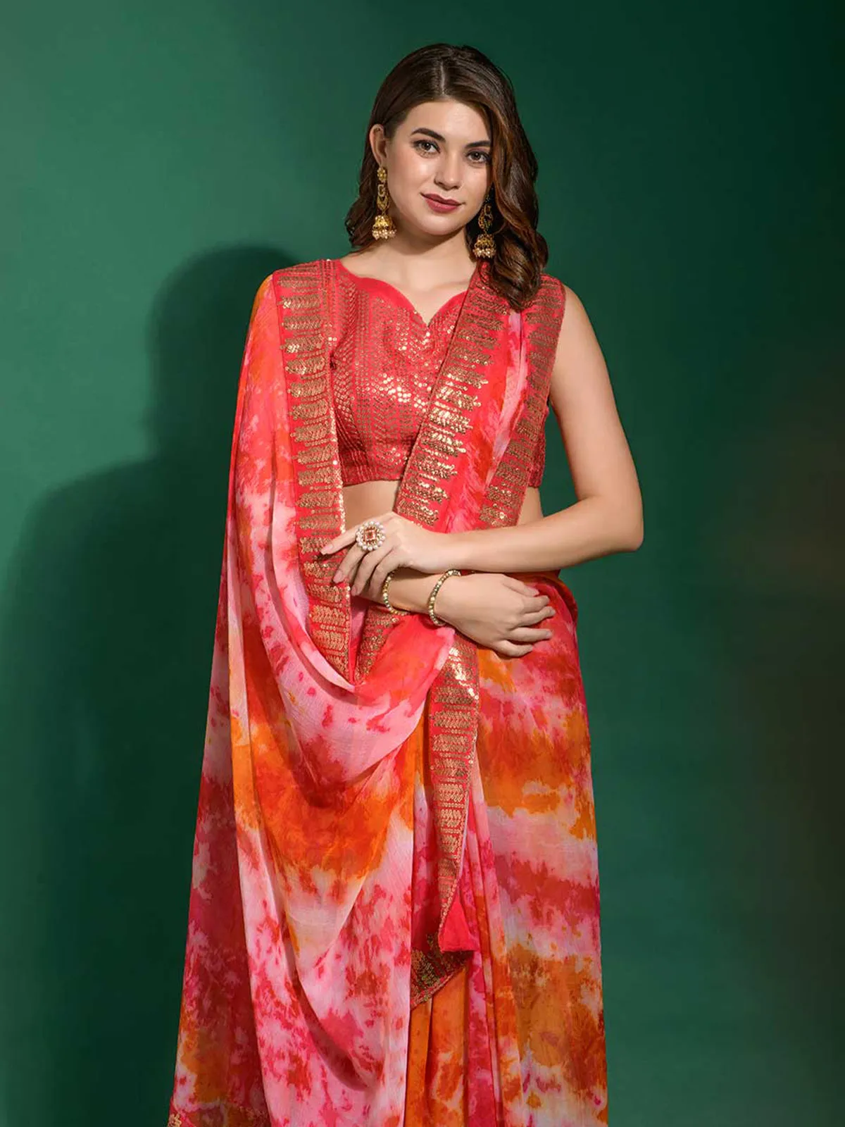 Odette Women Pink Georgette Saree With Blouse Piece