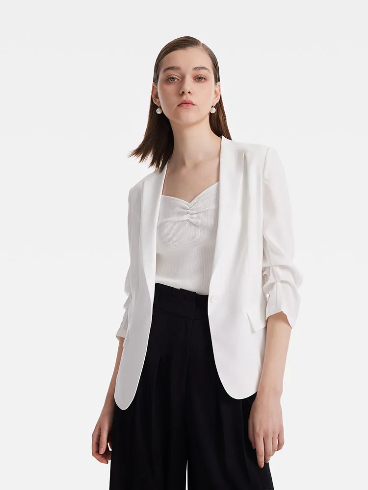 Triacetate Gathered Waist Ruched Sleeves Women Blazer