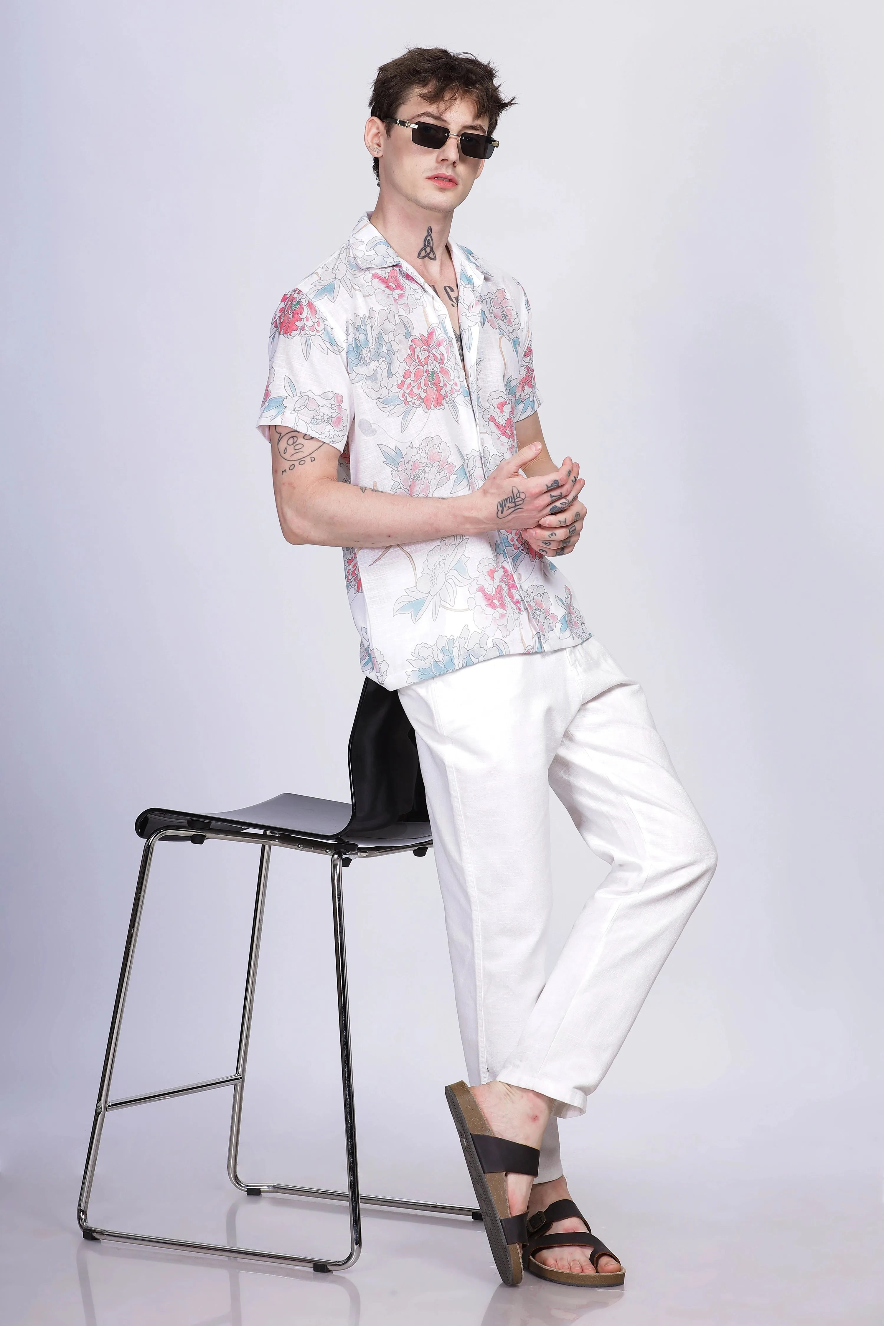 White floral printed linen shirt for men